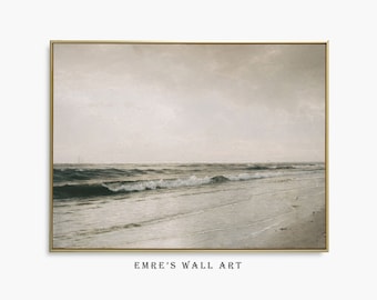 Pintura al óleo de paisaje marino vintage: Arte de casa de playa antigua (Descarga digital)