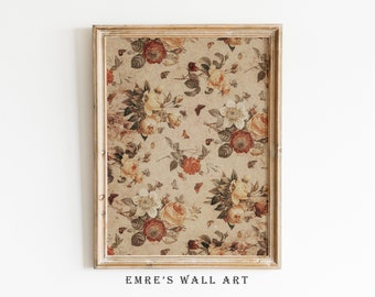 Vintage Textile Wall Art Print, Vintage Rustic Pattern Wall Art, Tapestry Art Print, Burnt Orange Autumn Print, Vintage Floral Pattern Print