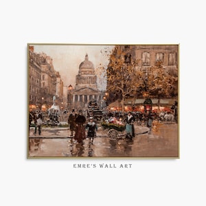 May include: An oil painting depicting a Parisian street scene with figures, buildings, and a domed structure in the background. The artwork has a warm color palette with a gold frame. The text "EMRE'S WALL ART" is at the bottom.