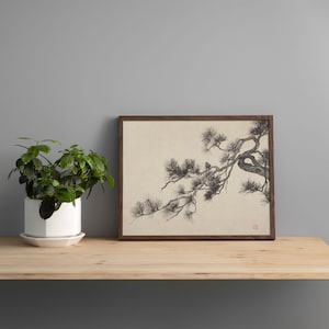 A vintage Japanese ink wash painting of a pine tree branch with detailed pine needles and a small pinecone against a textured beige paper background. The elegant black brushstrokes capture a minimalist, traditional East Asian artistic look. A small red artist seal is visible in the bottom right corner.