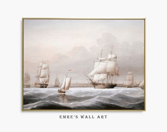 Vintage Sailboat Oil Painting: Coastal Seascape Art Print (Digital Download)