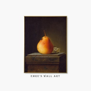 Still Life Pear Painting, Farmhouse Fruit Art Print, Vintage Kitchen Fruit Painting, Moody Still Life Wall Art, Country Kitchen Print