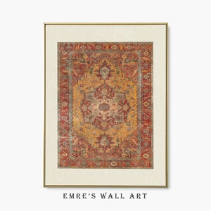 May include: A framed print of a vintage Persian rug with intricate patterns in shades of red, orange, and yellow.