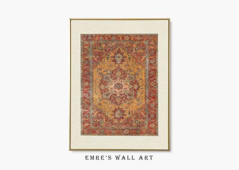 May include: A framed print of a vintage Persian rug with intricate patterns in shades of red, orange, and yellow.