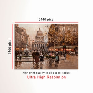 May include: An impressionist painting of a Parisian street scene, featuring a large domed building and bustling crowds. The artwork is rich in warm tones, with visible brushstrokes and a sense of movement. Text on the image reads: "High print quality in all aspect ratios. Ultra High Resolution."