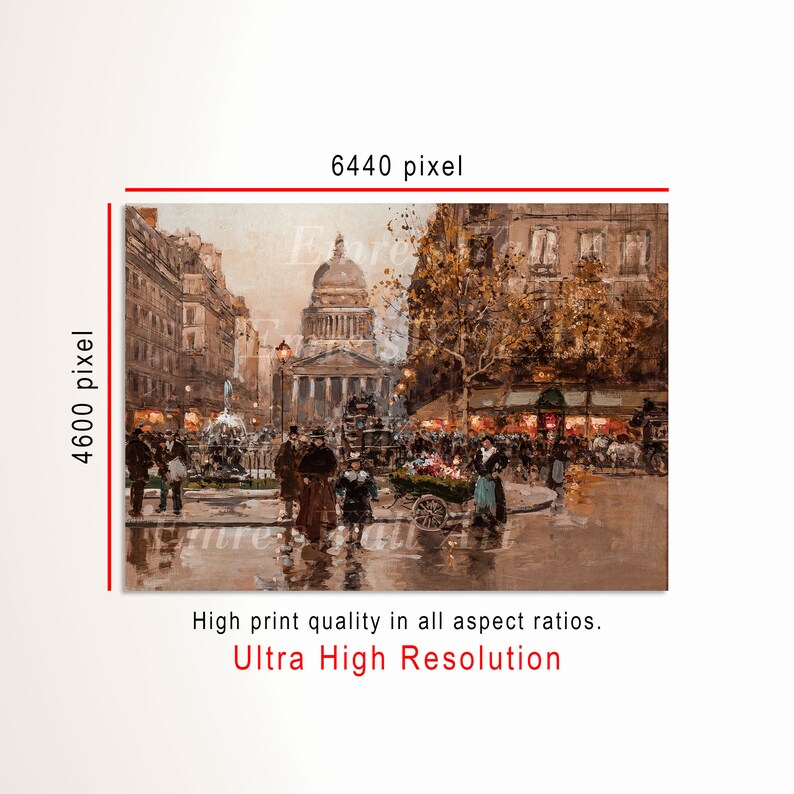 May include: An impressionist painting of a Parisian street scene, featuring a large domed building and bustling crowds. The artwork is rich in warm tones, with visible brushstrokes and a sense of movement. Text on the image reads: "High print quality in all aspect ratios. Ultra High Resolution."