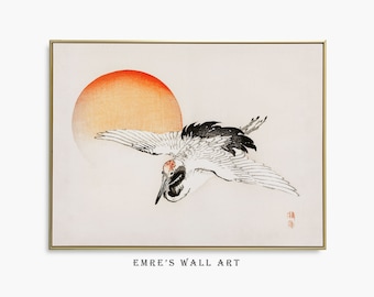 Kraankunstprint: vintage Japanse muurkunst vliegende vogel (digitale download)