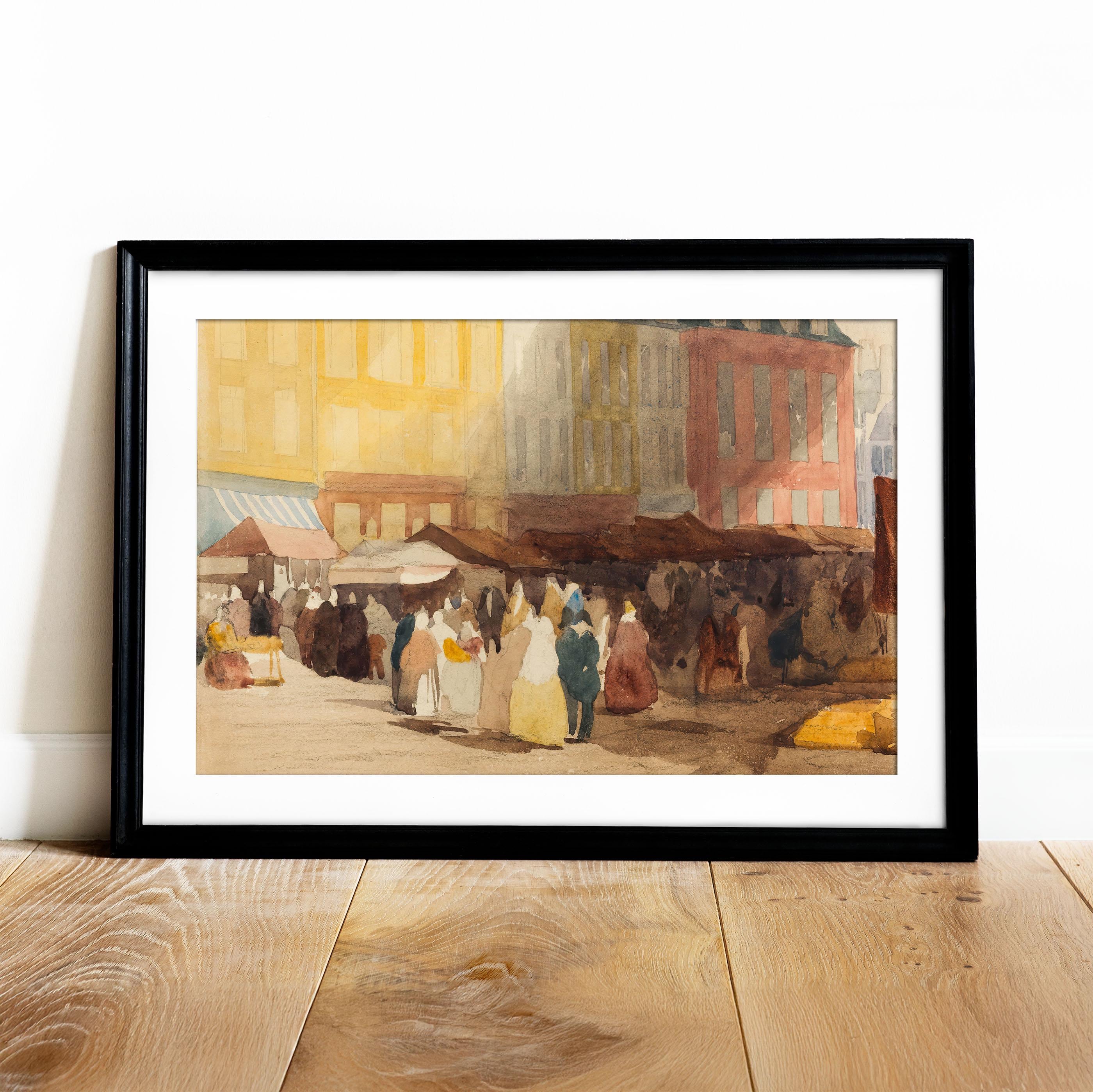 ヴィンテージフランスの市場の絵画：アンティークヨーロッパの街