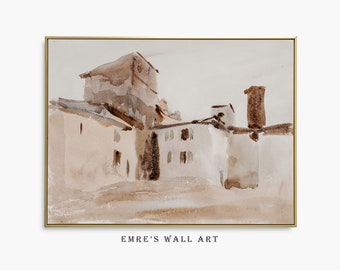 Italian Villa Painting, Vintage Neutral Wall Art, Neutral Watercolor Art Print, Vintage Muted Painting, Beige Watercolor Painting, 1090