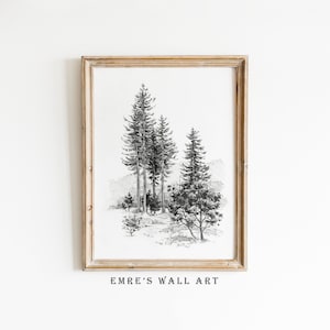 Neutral Tree Sketch, Vintage Pine Tree Drawing Print, Rustic Landscape Drawing Wall Art, Minimalist Antique Tree Sketch Art, 804
