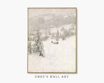 May include: A snowy winter landscape painting with a single pine tree in the foreground and a group of people pulling a sled in the distance. The painting is framed in a gold frame.