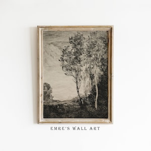 Vintage Landscape Sketch Art Print, Rustic Drawing PRINTABLE Wall Decor, Neutral Farmhouse Artwork DIGITAL DOWNLOAD