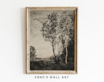 Vintage Landscape Sketch Art Print: Rustic Farmhouse Decor (Digital Download)