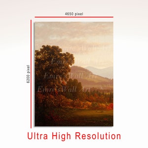 May include: A painting of a landscape with a large tree in the foreground and mountains in the background. The sky is a soft orange and pink, and the trees are a mix of green and brown.