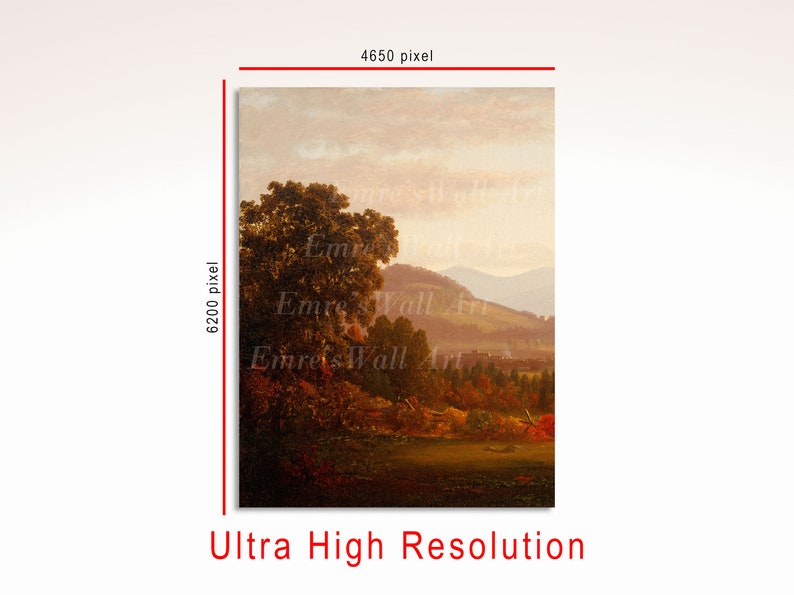 May include: A painting of a landscape with a large tree in the foreground and mountains in the background. The sky is a soft orange and pink, and the trees are a mix of green and brown.