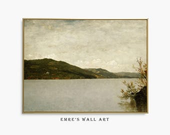 Vintage Lake Painting: Rustic Mountain Landscape Art (Digital Download)