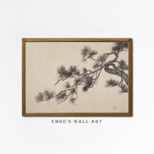 A vintage Japanese ink wash painting of a pine tree branch with detailed pine needles and a small pinecone against a textured beige paper background. The elegant black brushstrokes capture a minimalist, traditional East Asian artistic look. A small red artist seal is visible in the bottom right corner.