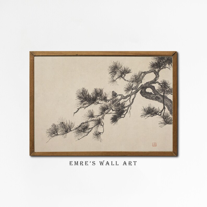 A vintage Japanese ink wash painting of a pine tree branch with detailed pine needles and a small pinecone against a textured beige paper background. The elegant black brushstrokes capture a minimalist, traditional East Asian artistic look. A small red artist seal is visible in the bottom right corner.