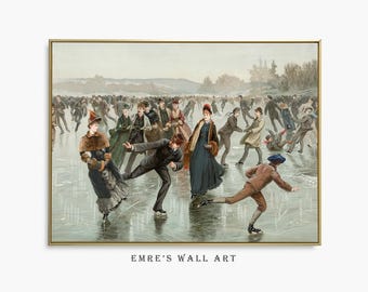 May include: A vintage-style illustration depicting a crowded ice skating scene on a frozen lake. Numerous figures in period clothing glide across the ice, with prominent individuals in the foreground wearing coats, hats, and scarves. Text reads EMRE'S WALL ART.