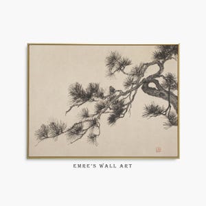 A vintage Japanese ink wash painting of a pine tree branch with detailed pine needles and a small pinecone against a textured beige paper background. The elegant black brushstrokes capture a minimalist, traditional East Asian artistic look. A small red artist seal is visible in the bottom right corner.