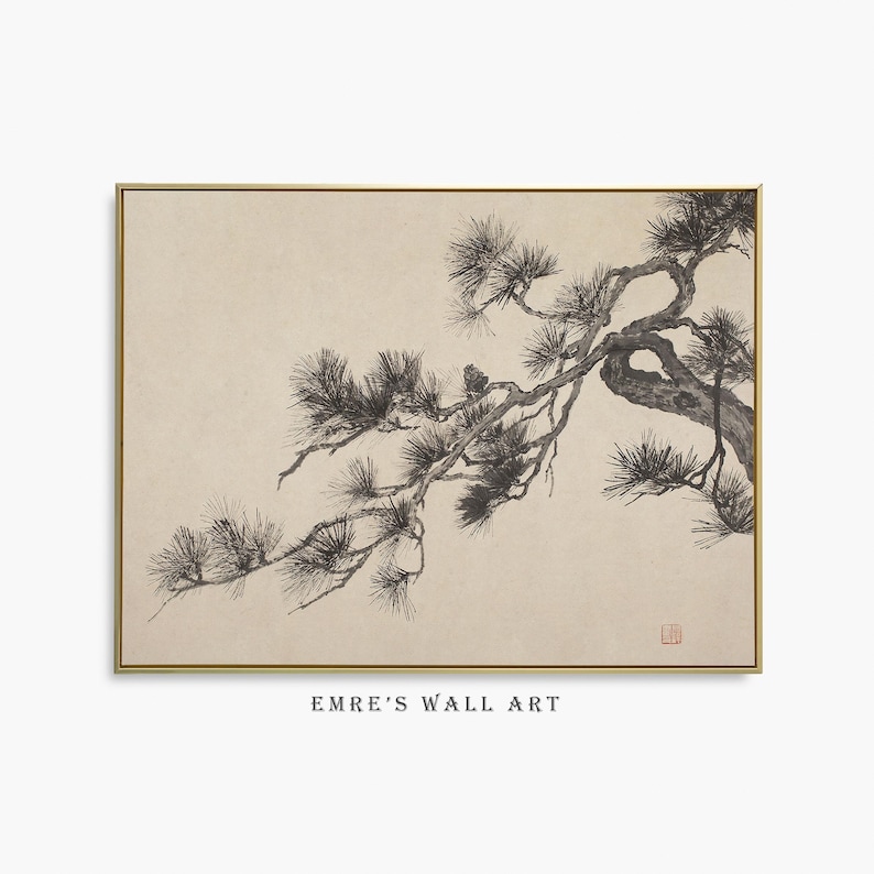 A vintage Japanese ink wash painting of a pine tree branch with detailed pine needles and a small pinecone against a textured beige paper background. The elegant black brushstrokes capture a minimalist, traditional East Asian artistic look. A small red artist seal is visible in the bottom right corner.