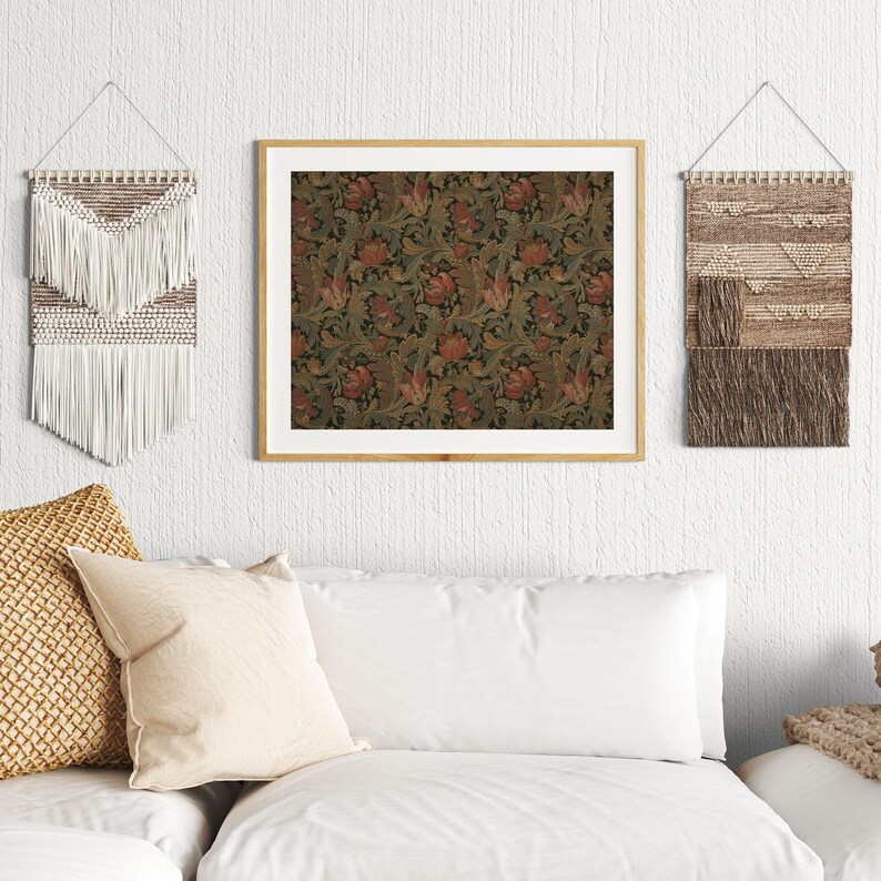 Antique rustic floral textile pattern featuring detailed vintage fabric textures and classic floral motifs. The design showcases flowing botanical elements in soft earthy tones, inspired by traditional cottage interiors and antique textiles. Aged fabric appearance and ornamental floral details create a timeless decorative look. Ideal as vintage textile wall decor with a warm rustic character, presented as a high-resolution digital print.