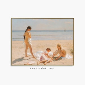 Impresión de pintura de playa vintage, arte mural imprimible costero de verano, niños jugando en la playa, descarga de pintura costera antigua