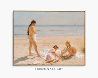 Vintage Beach Painting Print: Children Playing, Coastal Wall Art (Digital Download)