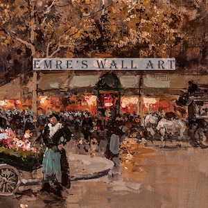 May include: An impressionistic painting of a bustling street scene with figures, shops, and horse-drawn carriages. The artwork features warm tones of brown, orange, and gold, with the text "EMRE'S WALL ART" across the top. The scene evokes a vintage, European aesthetic.