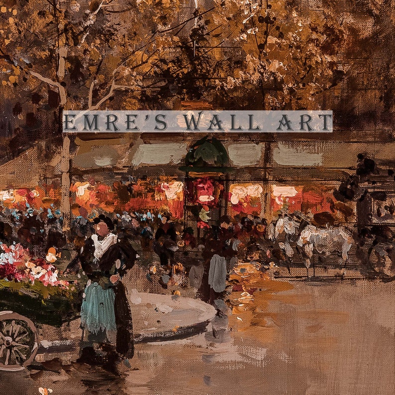 May include: An impressionistic painting of a bustling street scene with figures, shops, and horse-drawn carriages. The artwork features warm tones of brown, orange, and gold, with the text "EMRE'S WALL ART" across the top. The scene evokes a vintage, European aesthetic.