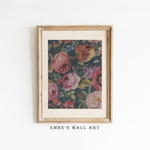 Vintage Floral Textile Art Print: Moody Botanical Decor (Digital Download)