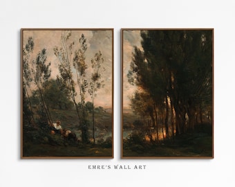 Forest Landscape Painting Set: Antique Farmhouse Split Panel Art (Digital Download)