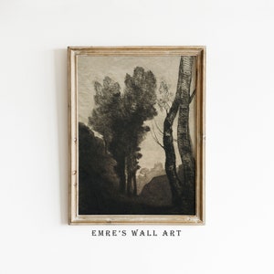 Neutral Country Sketch Art Print, Vintage Rustic Landscape Home Decor, PRINTABLE Antique Tree Drawing, Vintage Sketch Digital Download