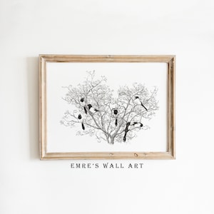 Vintage Sketch Art Print, Neutral Rustic Wall Decor, Printable Farmhouse Sketch Art, Tree Drawing Home Decor, Vintage Bird Art Print