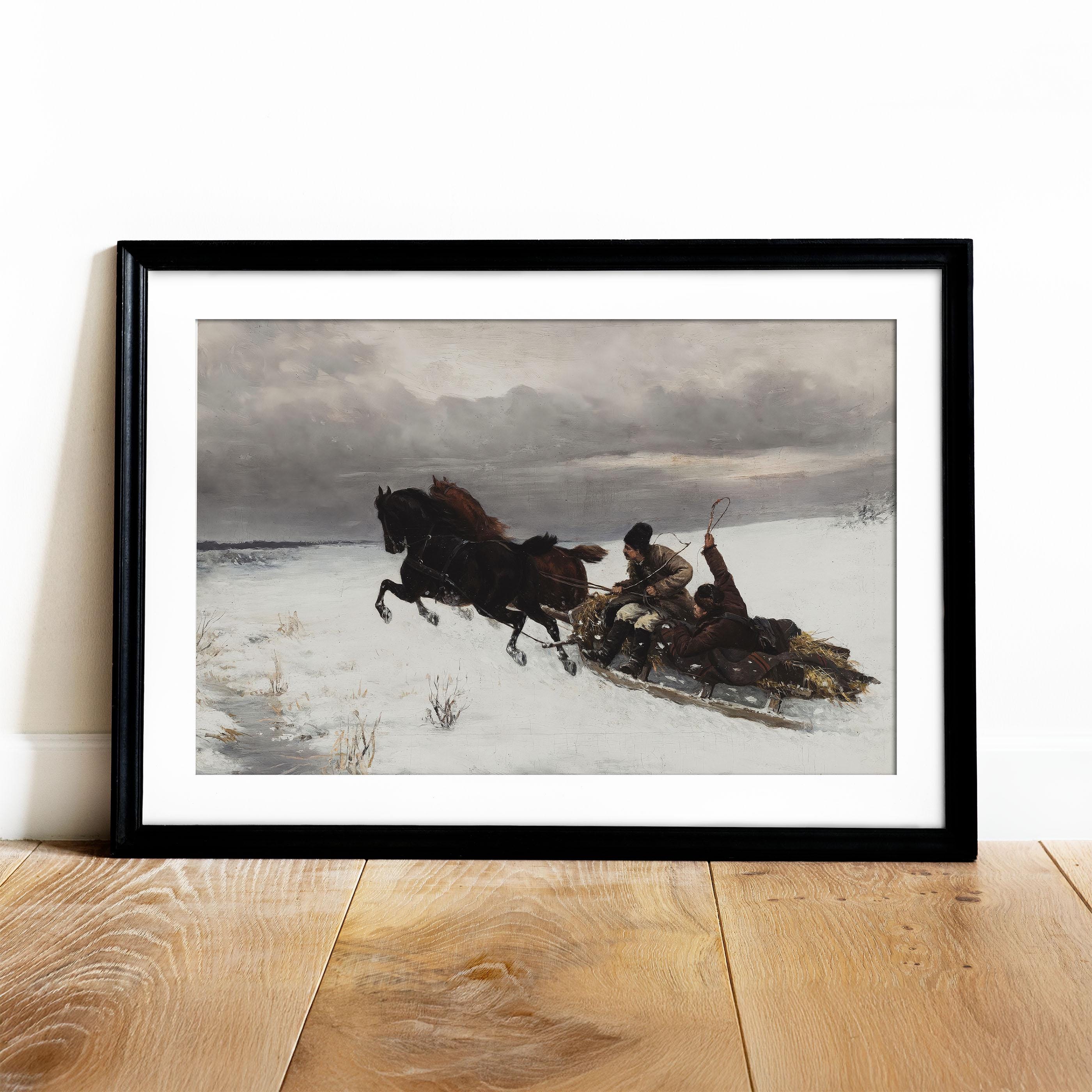 Rustic Sleigh Rides Vintage Sleigh Ride Painting Print: Rustic Winter Snow Scene Art ...