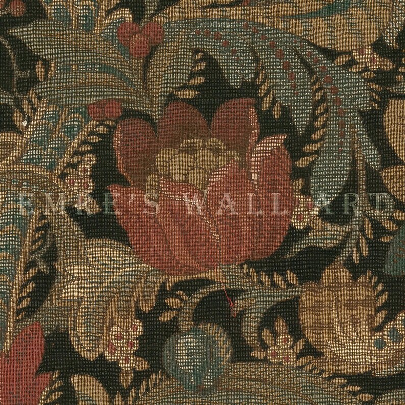Antique rustic floral textile pattern featuring detailed vintage fabric textures and classic floral motifs. The design showcases flowing botanical elements in soft earthy tones, inspired by traditional cottage interiors and antique textiles. Aged fabric appearance and ornamental floral details create a timeless decorative look. Ideal as vintage textile wall decor with a warm rustic character, presented as a high-resolution digital print.