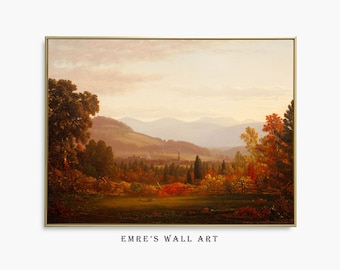 Moody Fall Landscape, Warm Tone Autumn Wall Decor, Autumn Landscape Oil Painting, Vintage Rustic Country Decor, Digital Art Printable