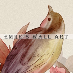 May include: A watercolor painting of a brown bird with a pink breast, perched on a branch with pink flowers. The bird is looking up and to the right. The background is a light beige color. The text "EMRE'S WALL ART" is printed in black at the bottom of the image.
