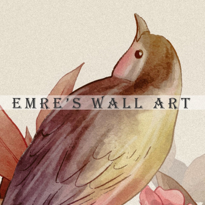 May include: A watercolor painting of a brown bird with a pink breast, perched on a branch with pink flowers. The bird is looking up and to the right. The background is a light beige color. The text "EMRE'S WALL ART" is printed in black at the bottom of the image.