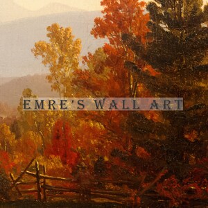 May include: A painting of a forest scene with fall foliage in shades of red, orange, yellow, and brown. The trees are in the foreground, with a distant mountain range in the background. A wooden fence runs along the bottom of the painting.