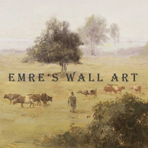 May include: A painting of a herd of brown and white cows grazing in a field with a lone figure walking towards them. The field is surrounded by trees and the sky is a hazy gray. The text "EMRE'S WALL ART" is printed in the center of the image.