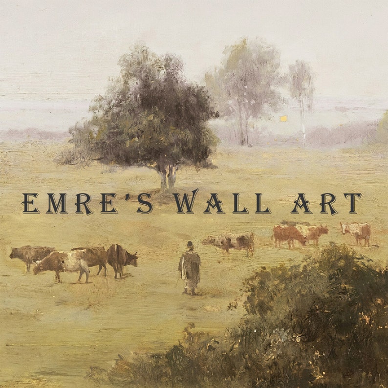 May include: A painting of a herd of brown and white cows grazing in a field with a lone figure walking towards them. The field is surrounded by trees and the sky is a hazy gray. The text "EMRE'S WALL ART" is printed in the center of the image.