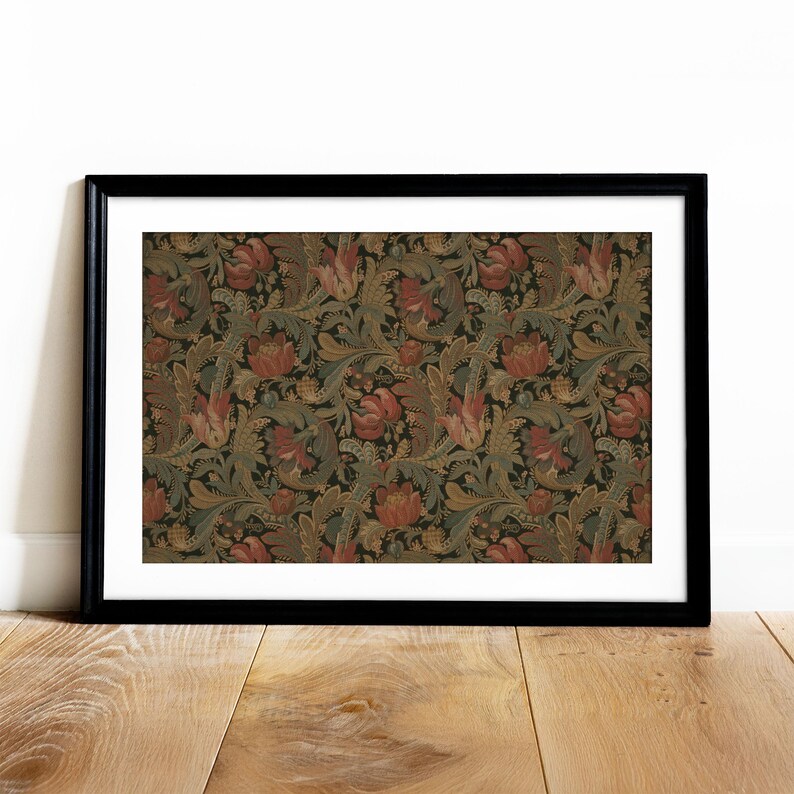 Antique rustic floral textile pattern featuring detailed vintage fabric textures and classic floral motifs. The design showcases flowing botanical elements in soft earthy tones, inspired by traditional cottage interiors and antique textiles. Aged fabric appearance and ornamental floral details create a timeless decorative look. Ideal as vintage textile wall decor with a warm rustic character, presented as a high-resolution digital print.