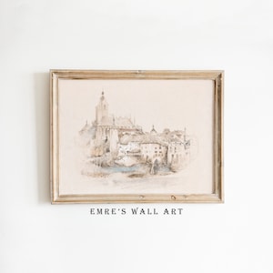 Neutral Cityscape Sketch Art, Vintage Village Wall Decor, Antique Architecture Wall Art, Printable Country Drawing, Vintage Sketch Art Print