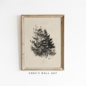 Neutral Pine Trees Print, Rustic Sketch Wall Art, Vintage Tree Drawing Printable Decor, Woodland Sketch DOWNLOAD