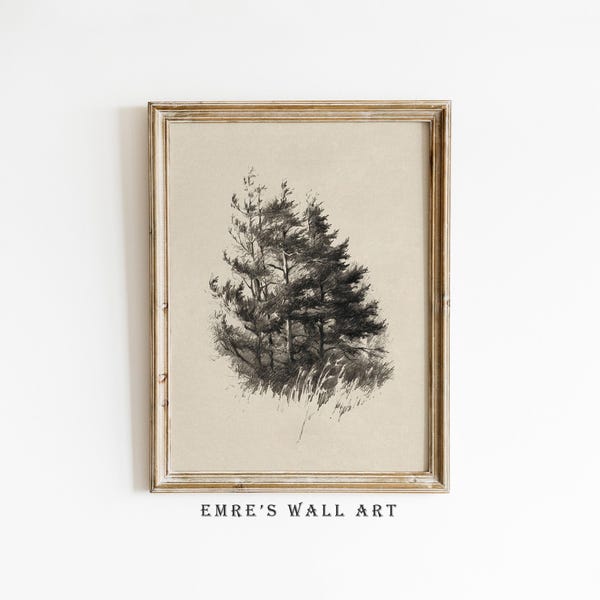 Vintage Pine Tree Sketch Print: Rustic Woodland Wall Art (Digital Download)