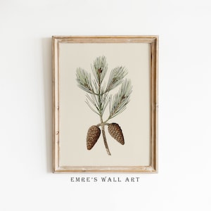 Puede incluir: Una ilustración botánica enmarcada de una rama de pino con dos piñas marrones. El fondo es de color beige claro. El marco es de color madera clara. El texto "EMRE'S WALL ART" está impreso debajo de la imagen.