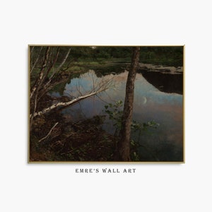 Vintage Lake Landscape Painting: Rustic Farmhouse Decor (Digital Download)
