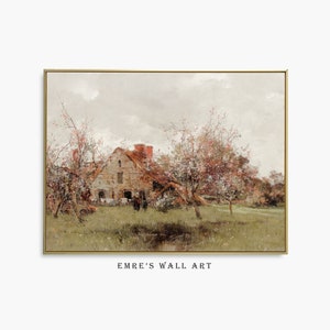 Vintage French Landscape Painting: Rustic Farmhouse Wall Art (Digital Printable)