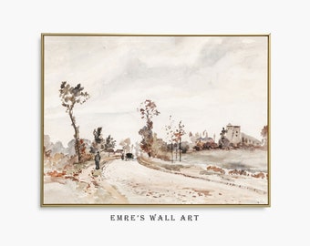 Pintura de paisaje vintage en acuarela: Impresión antigua neutra (impresión digital)
